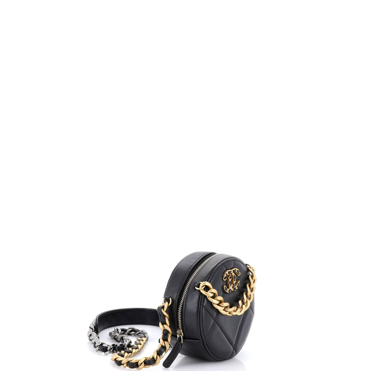 19 Round Clutch with Chain Quilted Leather