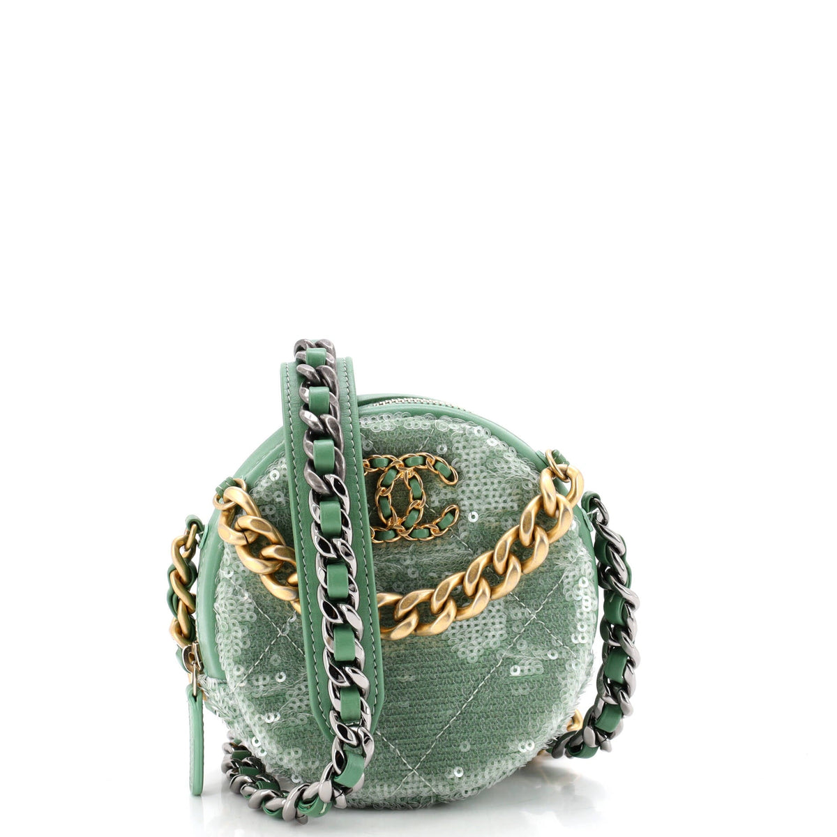 19 Round Clutch with Chain Quilted Leather and Sequins