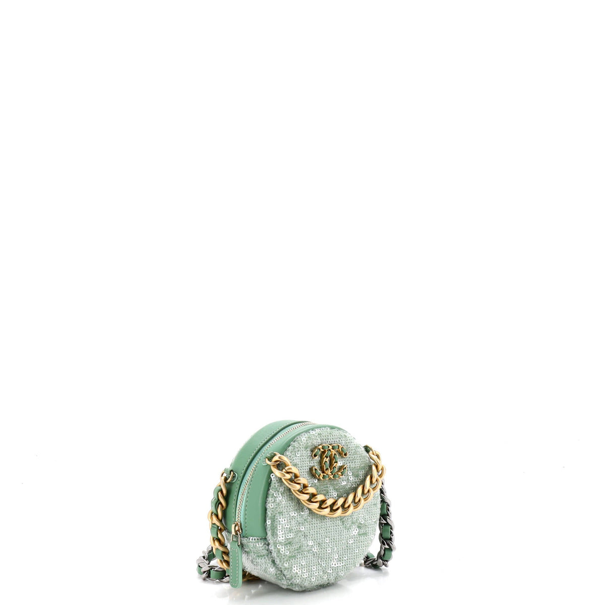 19 Round Clutch with Chain Quilted Leather and Sequins