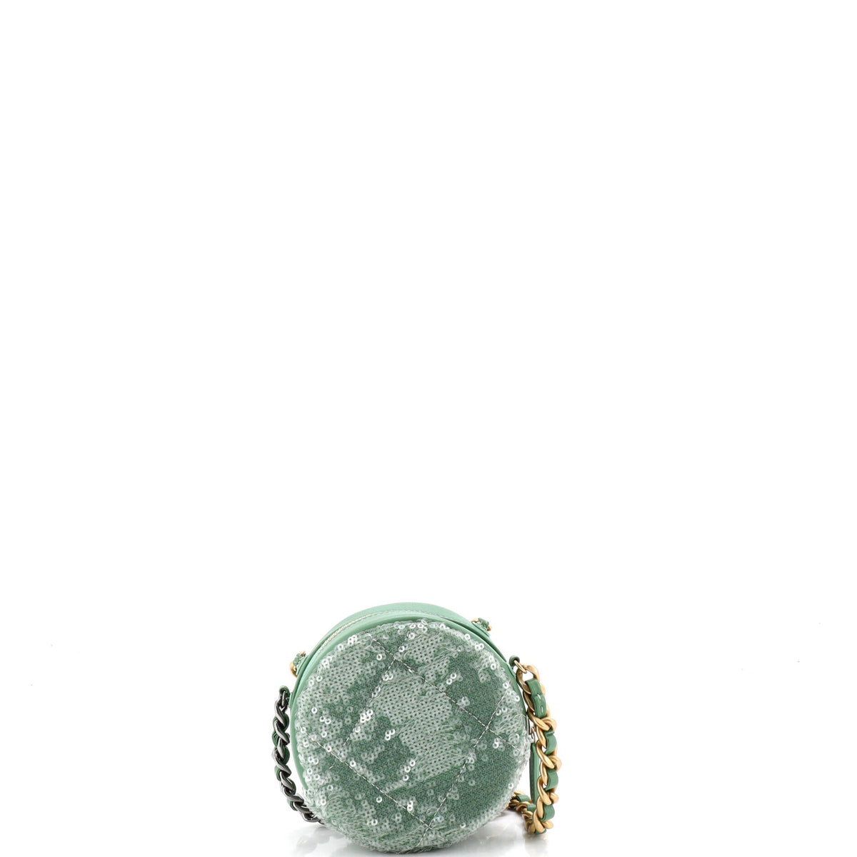 19 Round Clutch with Chain Quilted Leather and Sequins