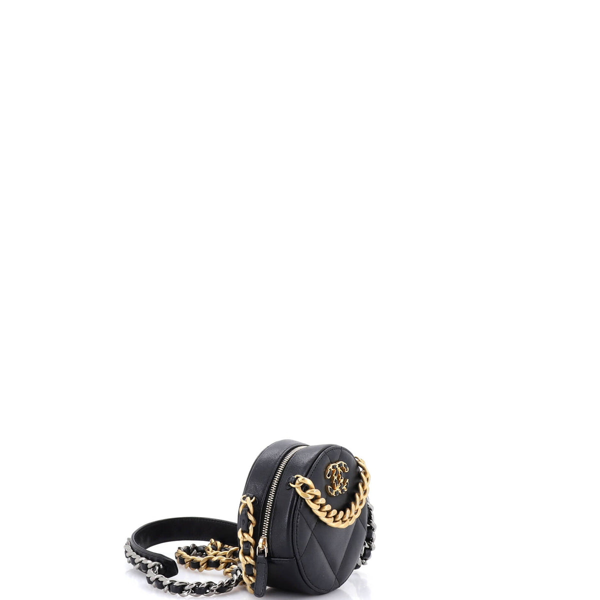 19 Round Clutch with Chain Quilted Leather