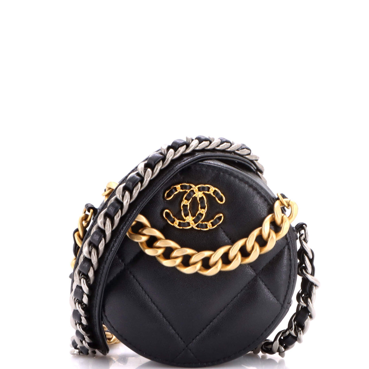 19 Round Clutch with Chain Quilted Leather