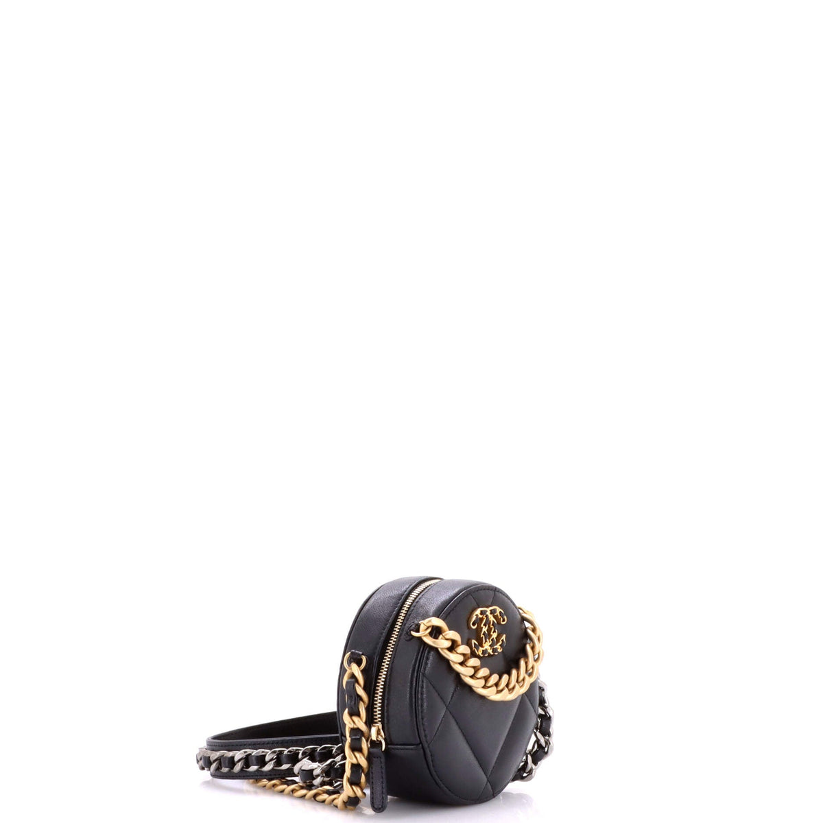 19 Round Clutch with Chain Quilted Leather