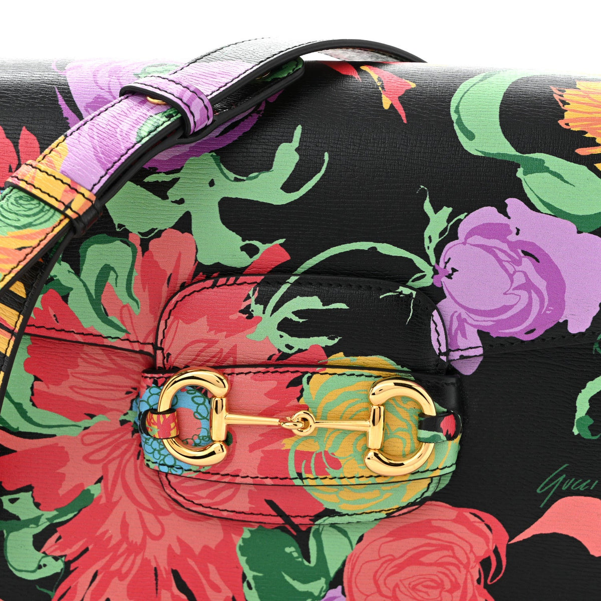 X KEN SCOTT New Shangai Calfskin Jenny Floral Print Horsebit 1955 Shoulder Bag Black Pink