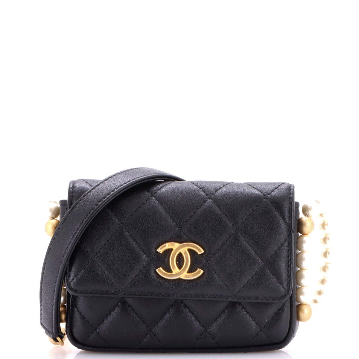 About Pearls Flap Card Holder with Chain Quilted Calfskin