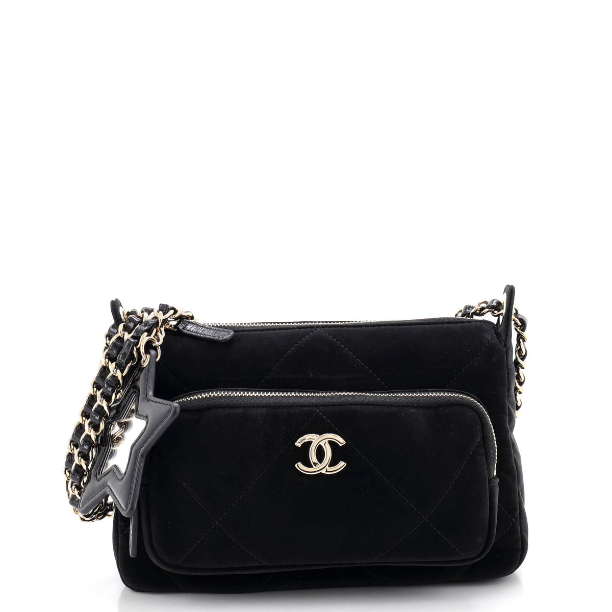 25 Clutch With Chain Quilted Velvet Effect Nylon and Shiny Crumpled Calfskin Small