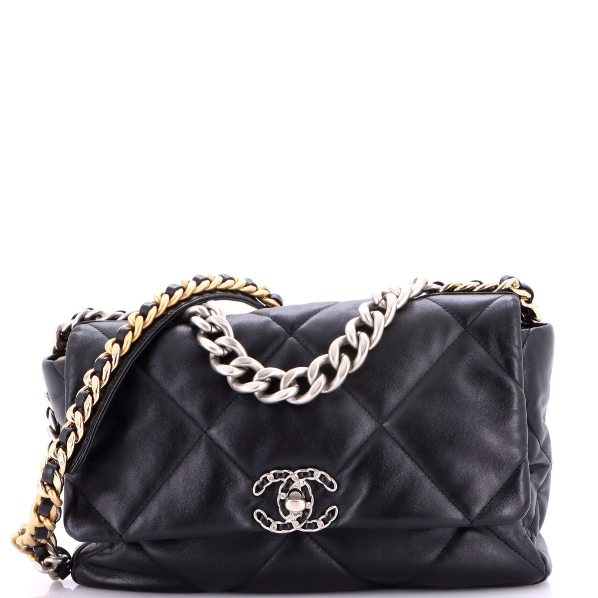 19 Flap Bag Quilted Shiny Crumpled Calfskin Large