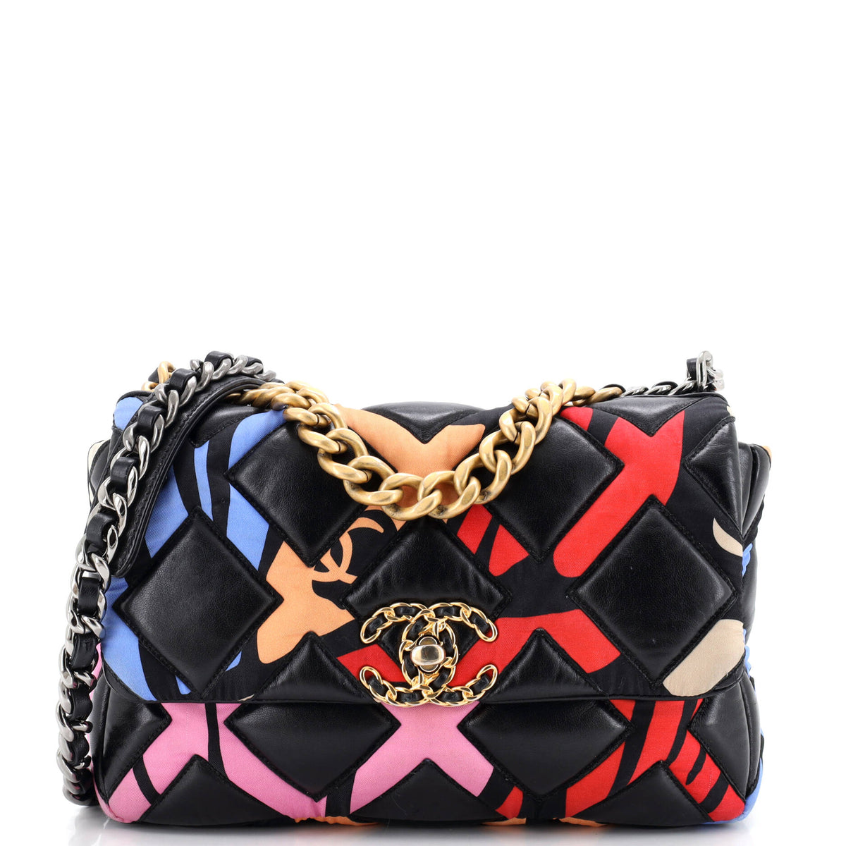 19 Flap Bag Quilted Lambskin and Printed Silk Medium
