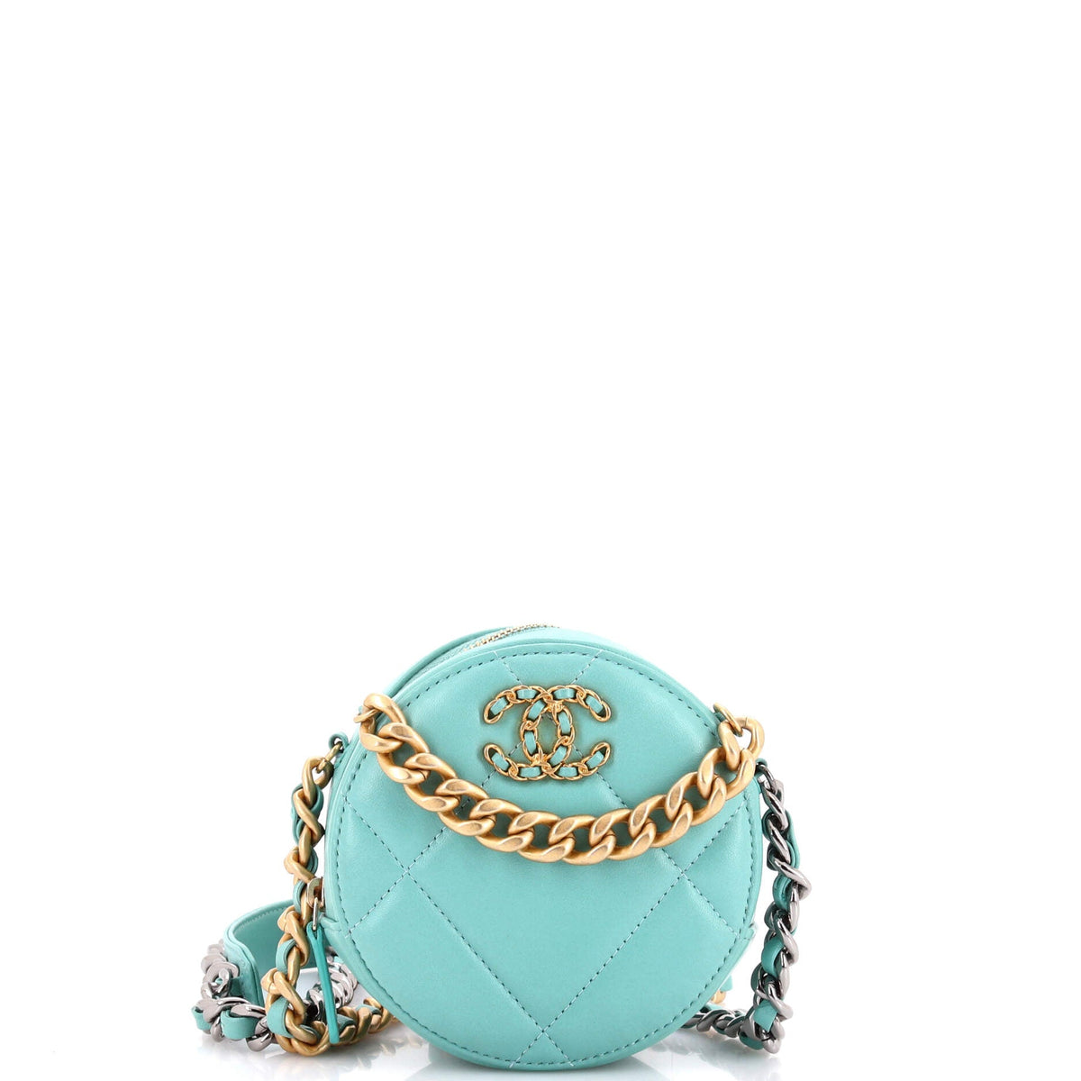19 Round Clutch with Chain Quilted Leather