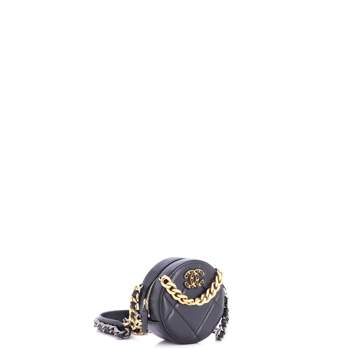 19 Round Clutch with Chain Quilted Leather