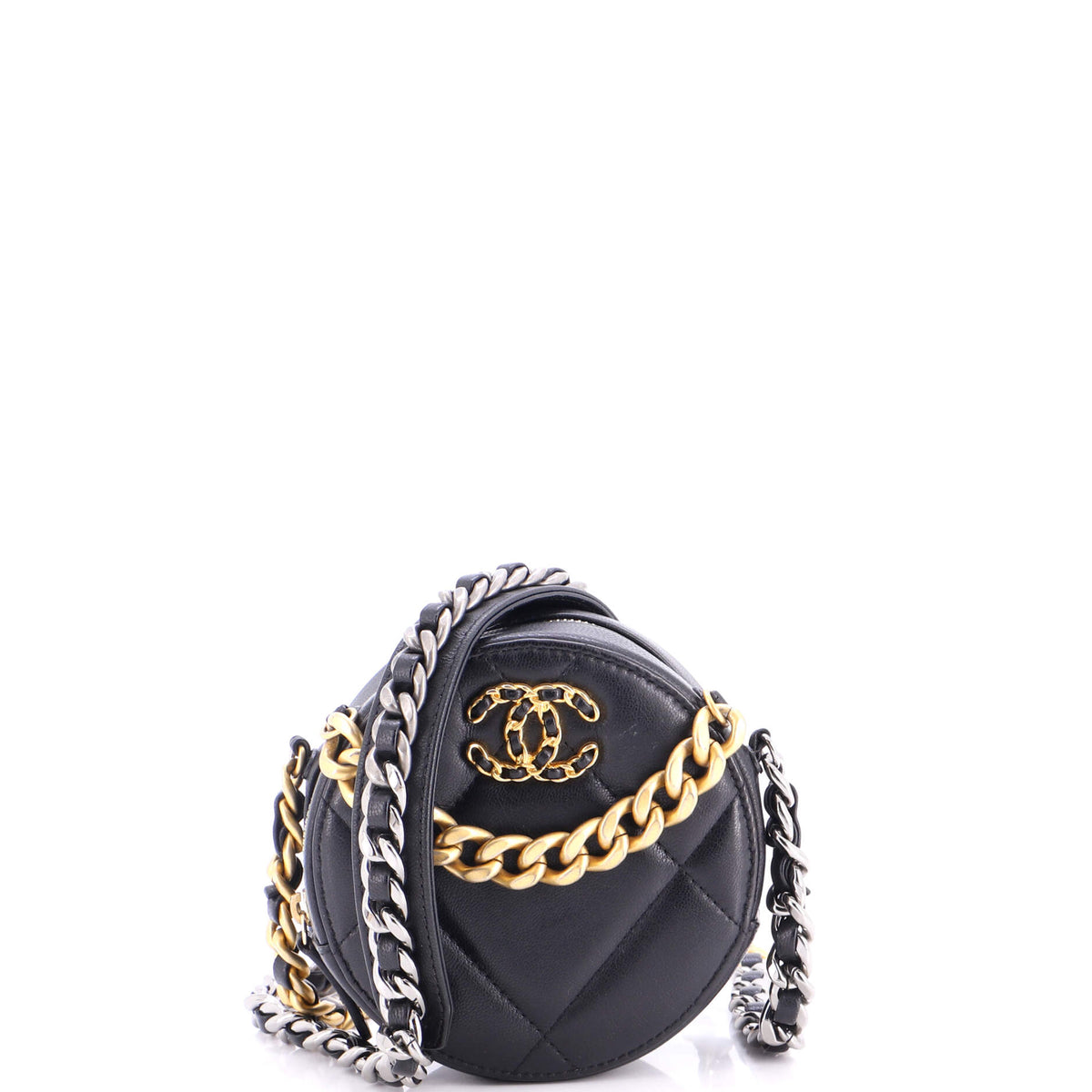 19 Round Clutch with Chain Quilted Leather