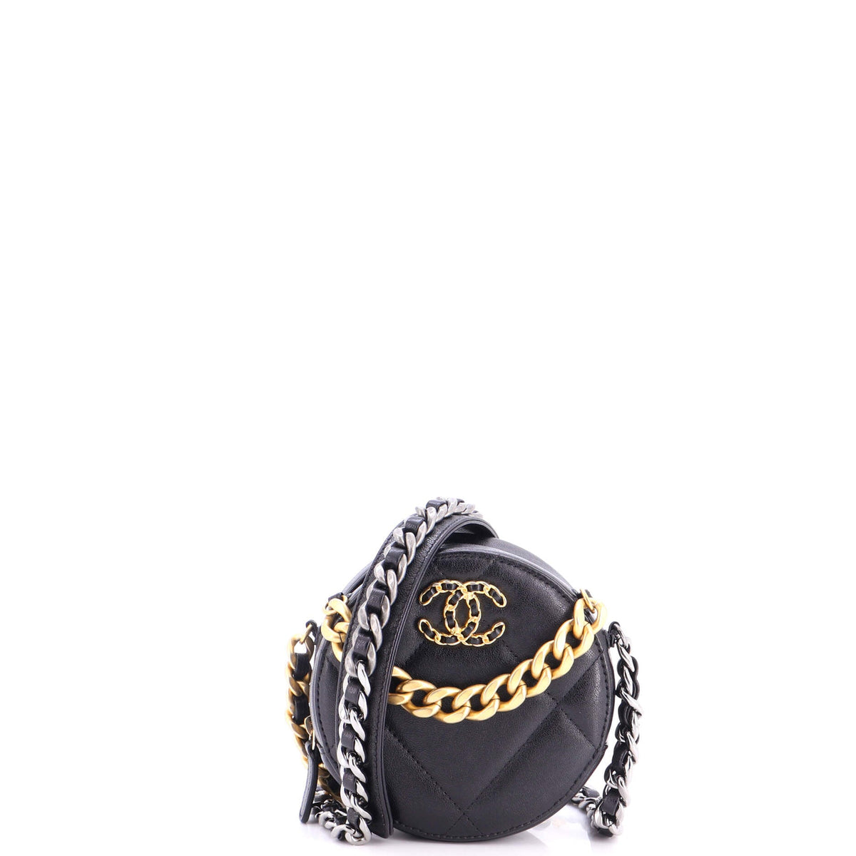 19 Round Clutch with Chain Quilted Leather