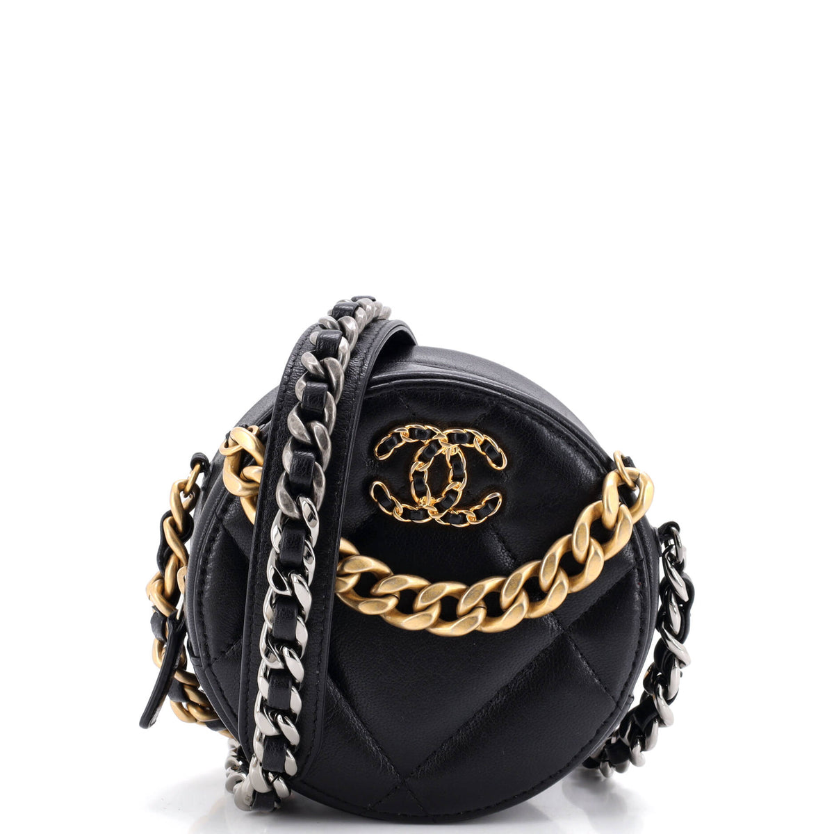 19 Round Clutch with Chain Quilted Leather