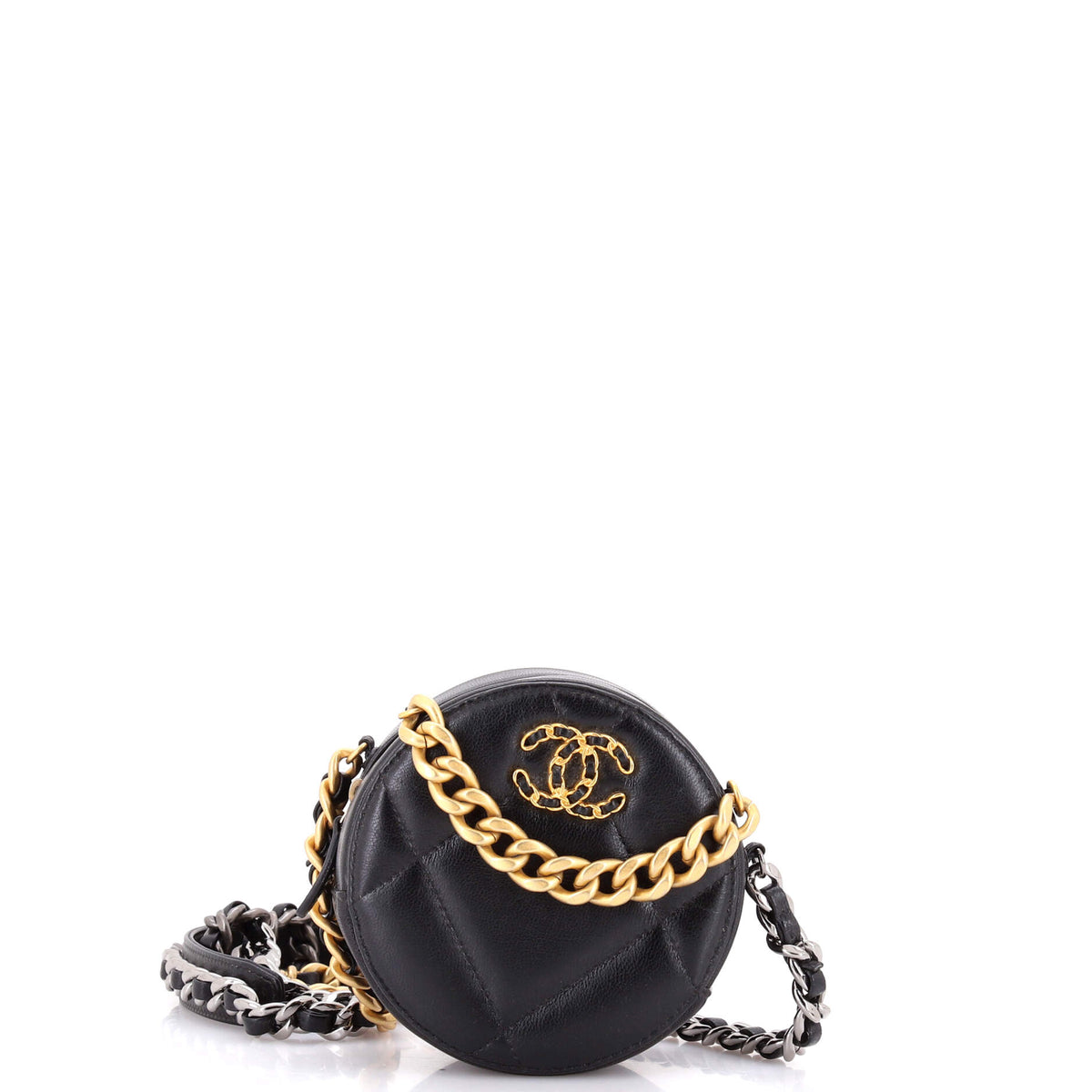 19 Round Clutch with Chain Quilted Leather