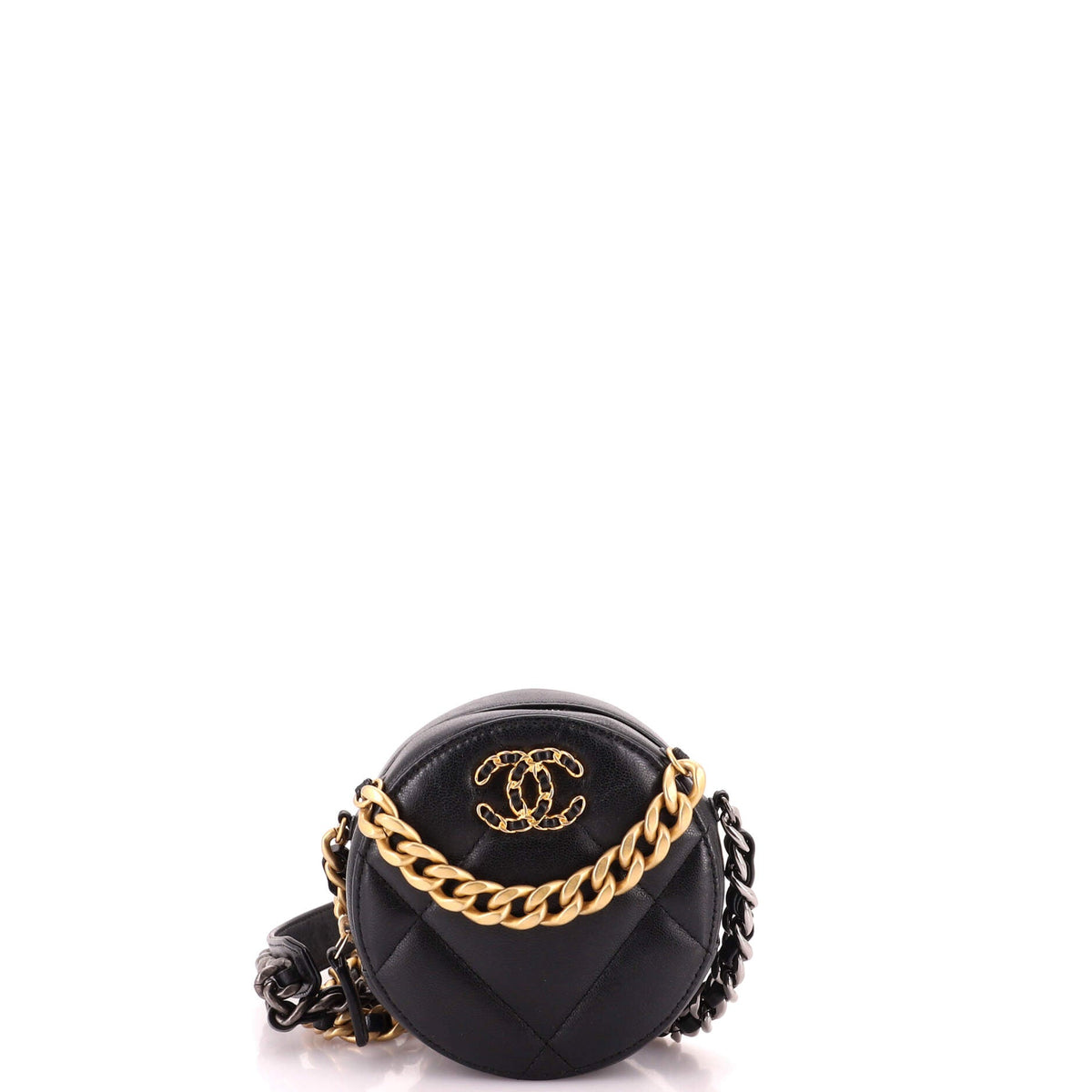 19 Round Clutch with Chain Quilted Leather