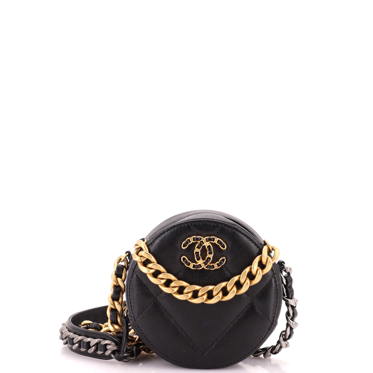 19 Round Clutch with Chain Quilted Leather