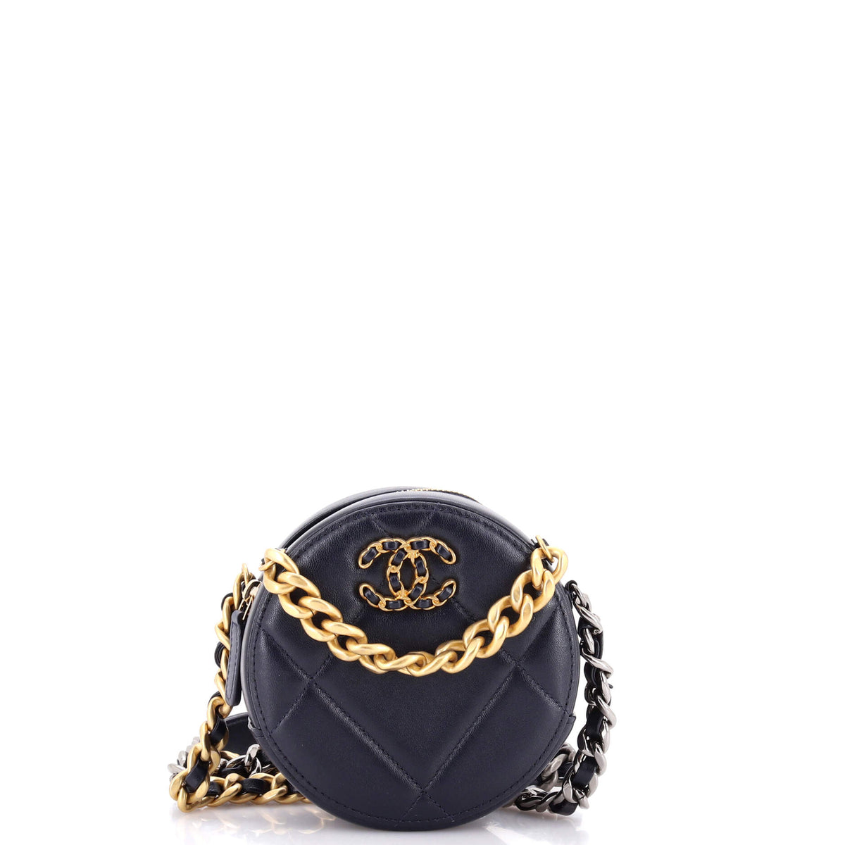 19 Round Clutch with Chain Quilted Leather