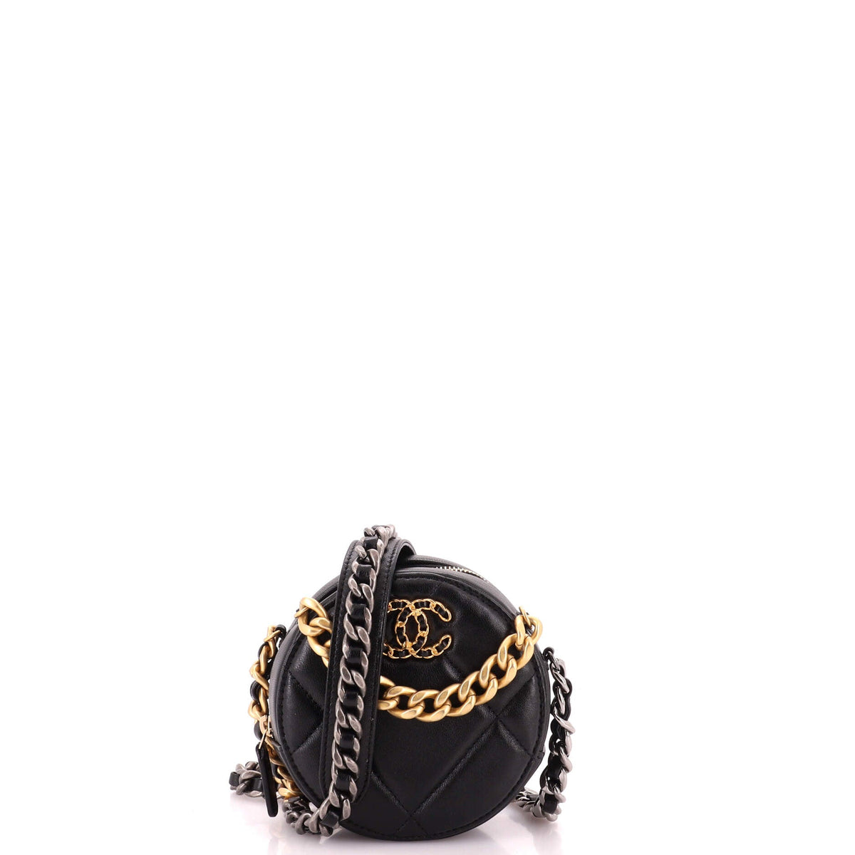 19 Round Clutch with Chain Quilted Leather