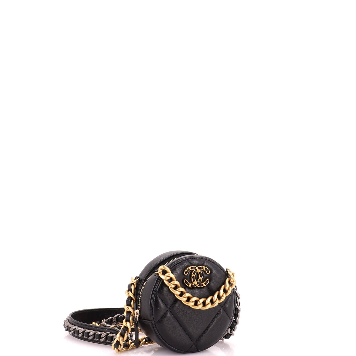 19 Round Clutch with Chain Quilted Leather