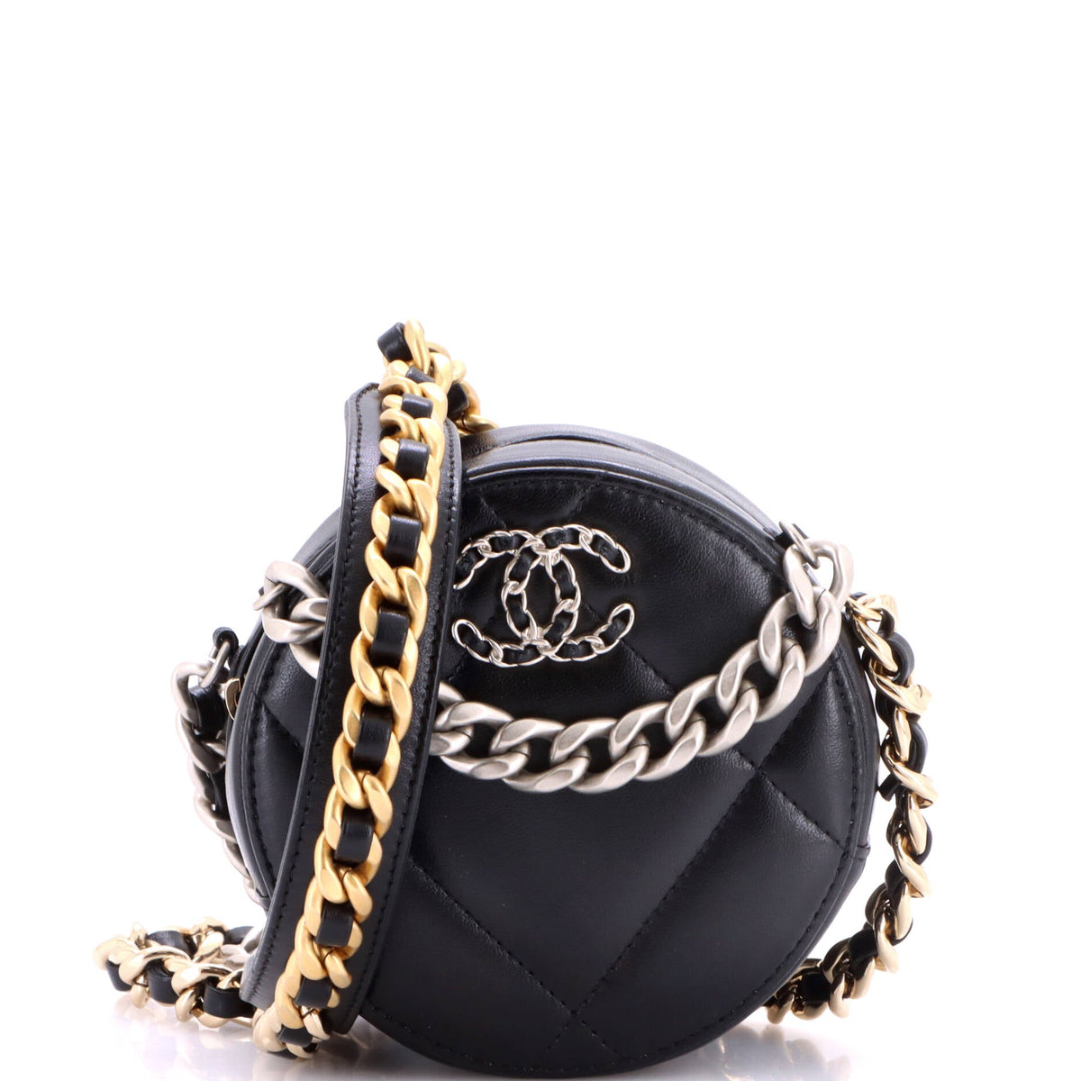 19 Round Clutch with Chain Quilted Leather
