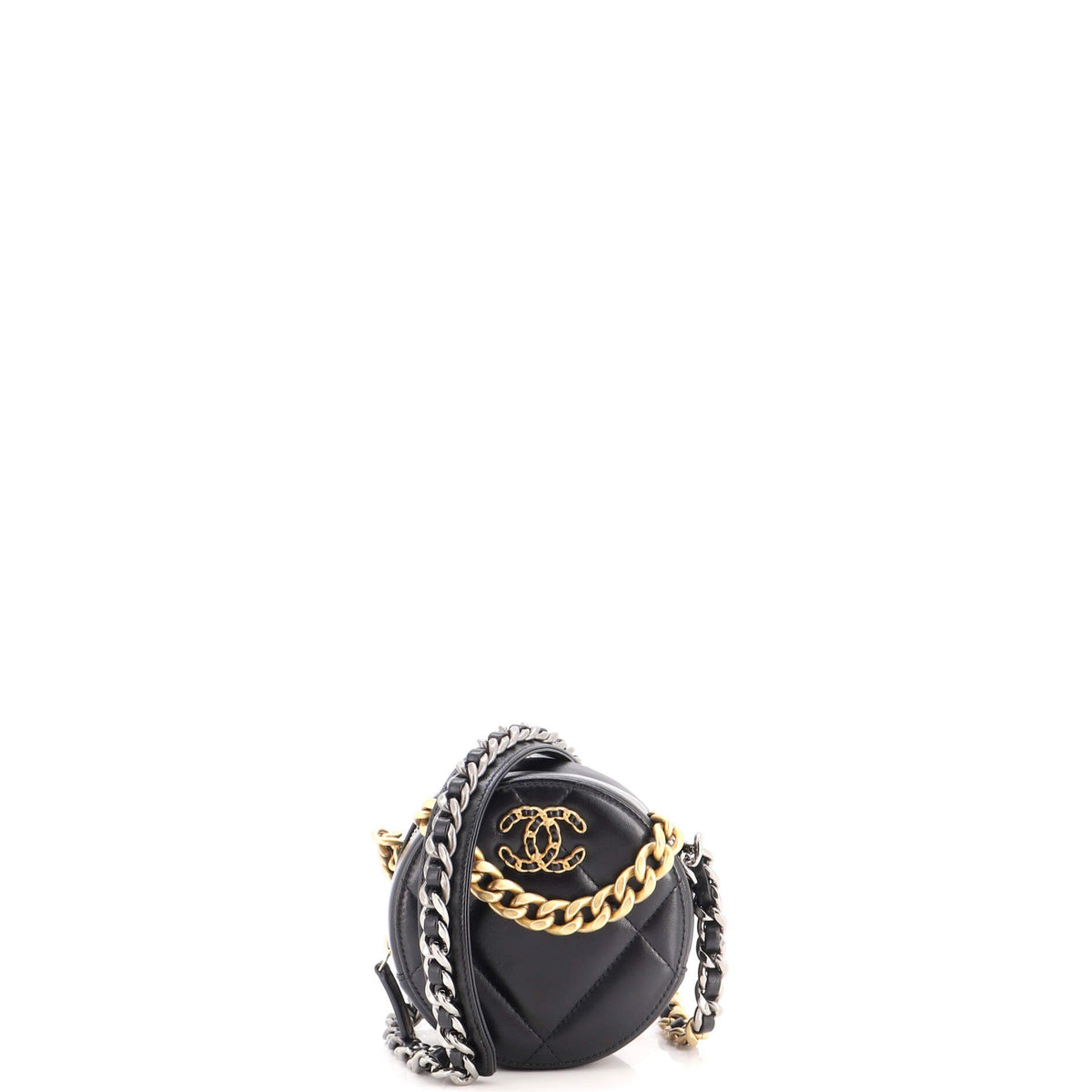19 Round Clutch with Chain Quilted Leather