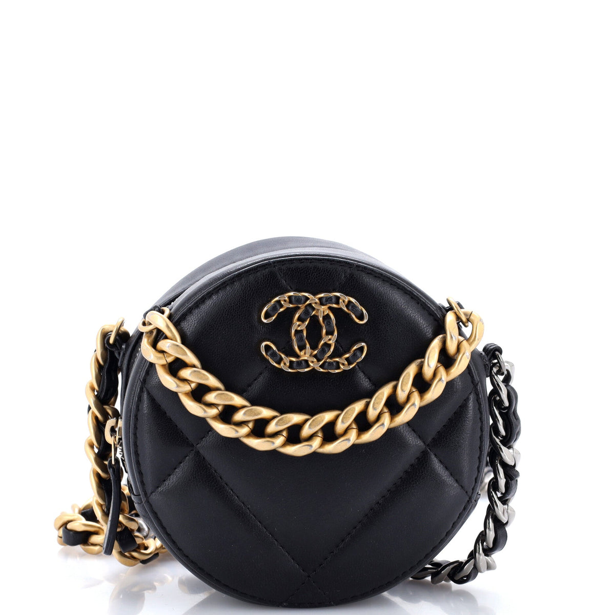 19 Round Clutch with Chain Quilted Leather