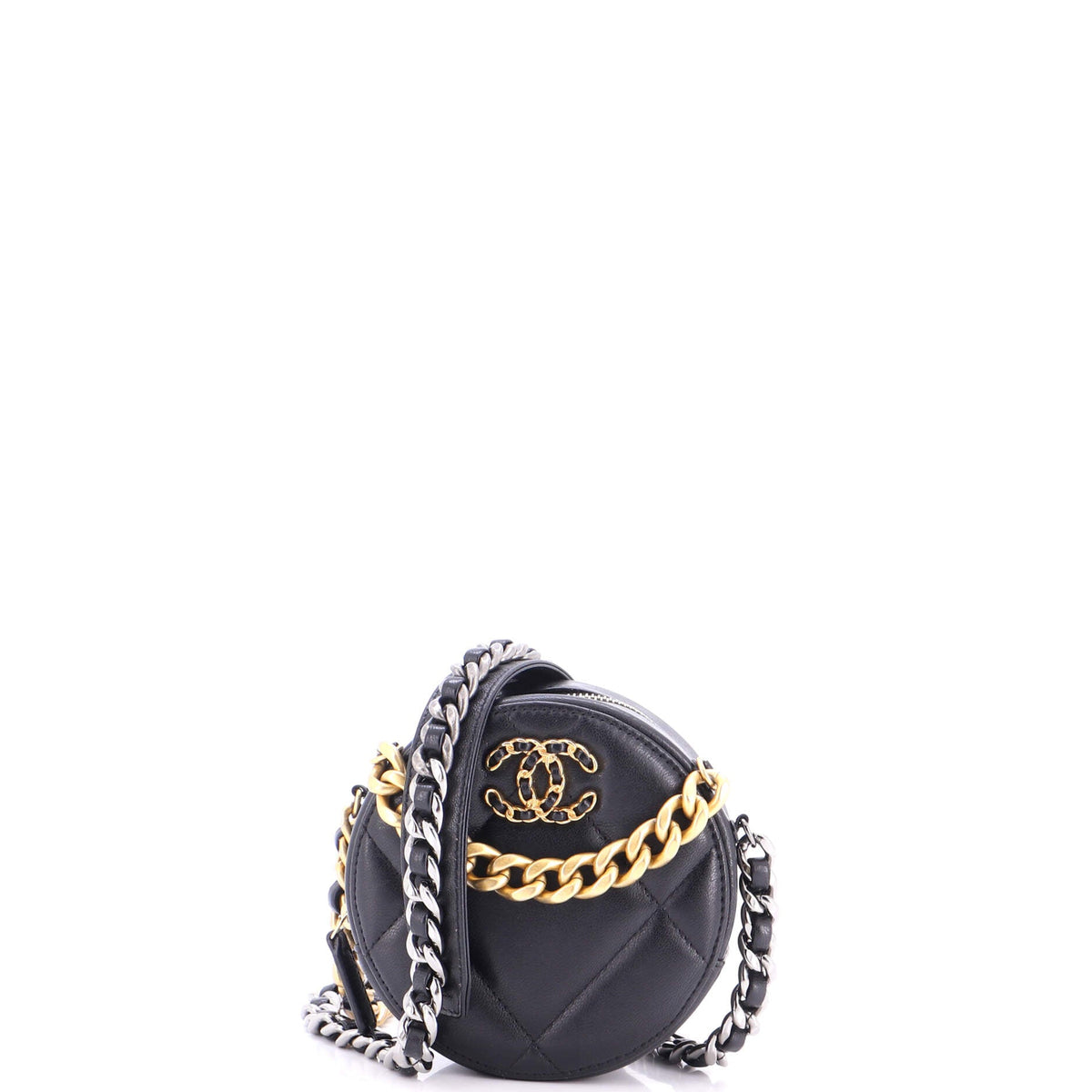 19 Round Clutch with Chain Quilted Leather