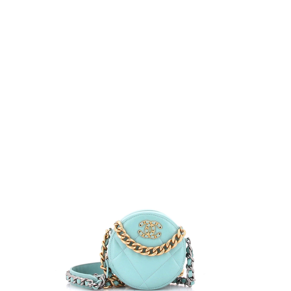 19 Round Clutch with Chain Quilted Leather