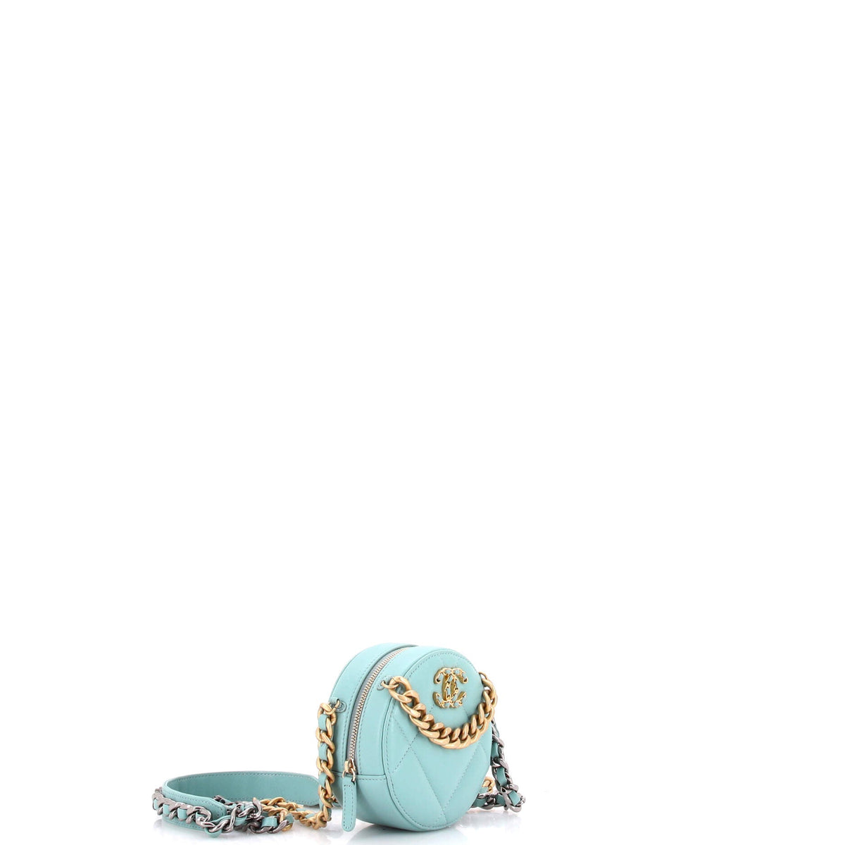 19 Round Clutch with Chain Quilted Leather