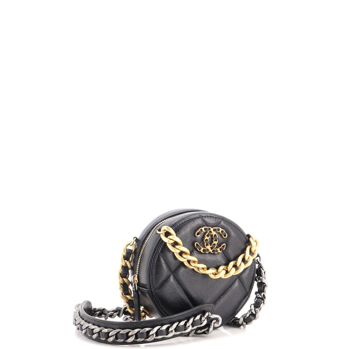 19 Round Clutch with Chain Quilted Leather