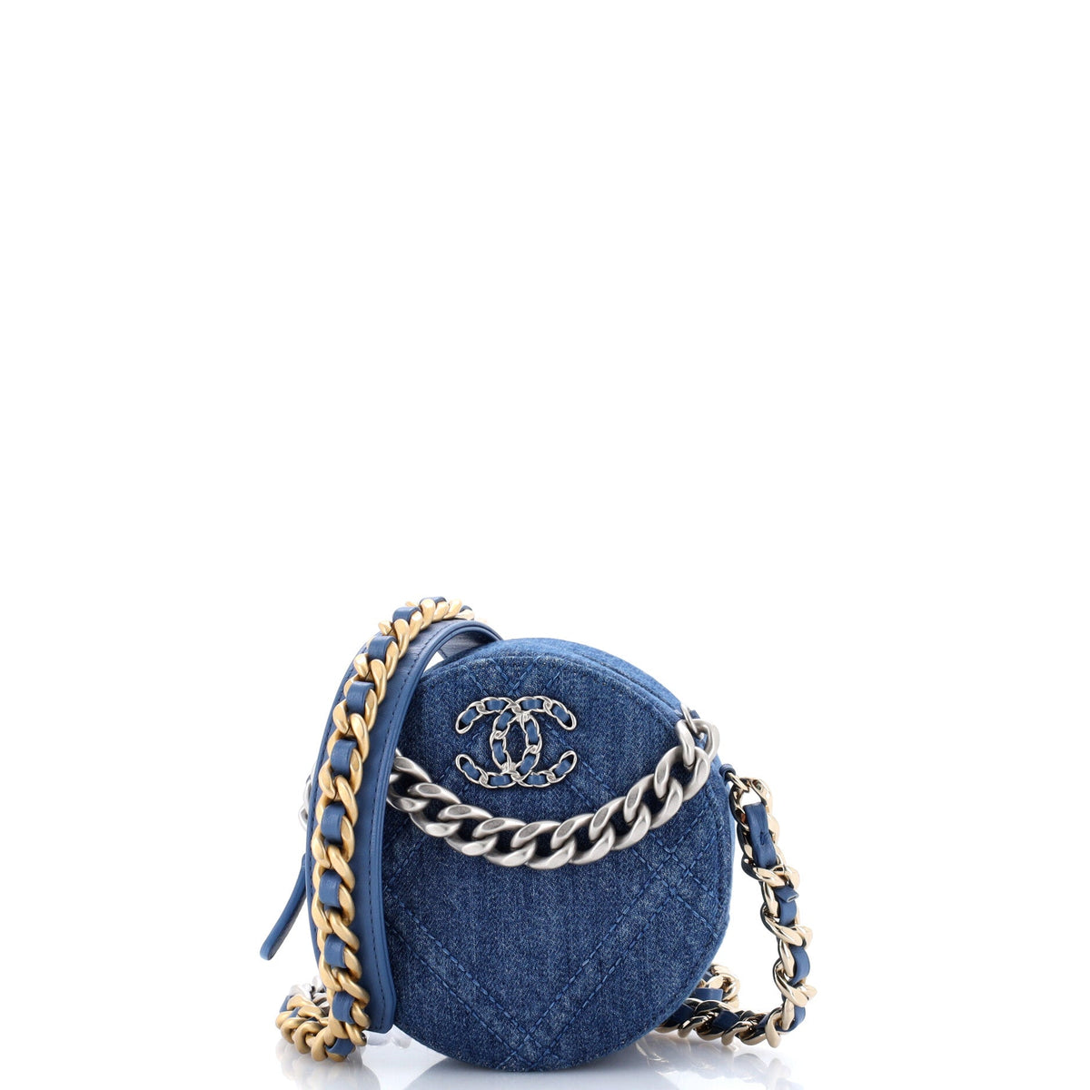 19 Round Clutch with Chain Quilted Denim