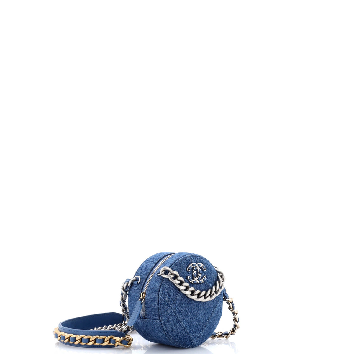 19 Round Clutch with Chain Quilted Denim