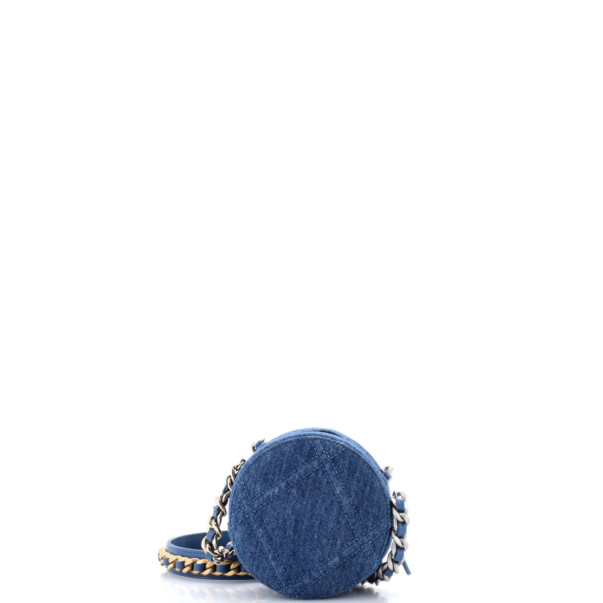19 Round Clutch with Chain Quilted Denim