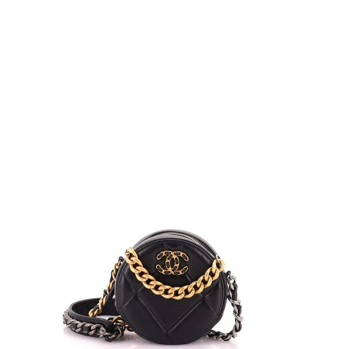 19 Round Clutch with Chain Quilted Leather