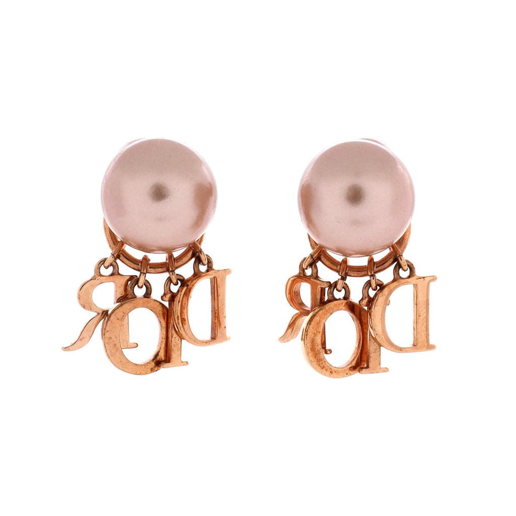 Tribales Dangle Dior Logo Stud Earrings Metal with Faux Pearls and Crystals