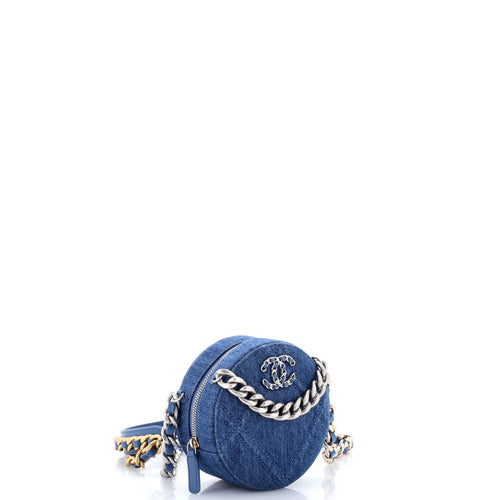 19 Round Clutch with Chain Quilted Denim