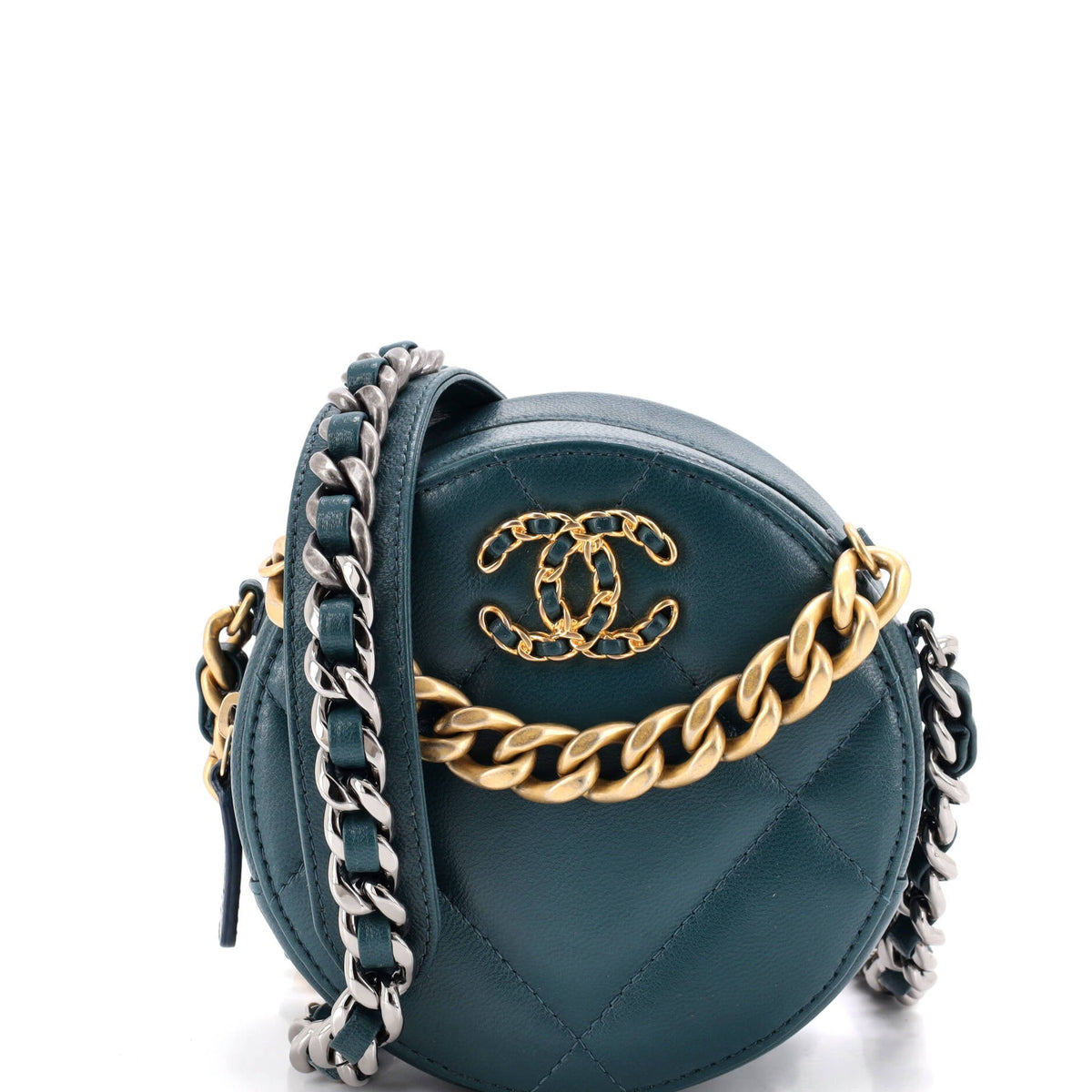 19 Round Clutch with Chain Quilted Leather