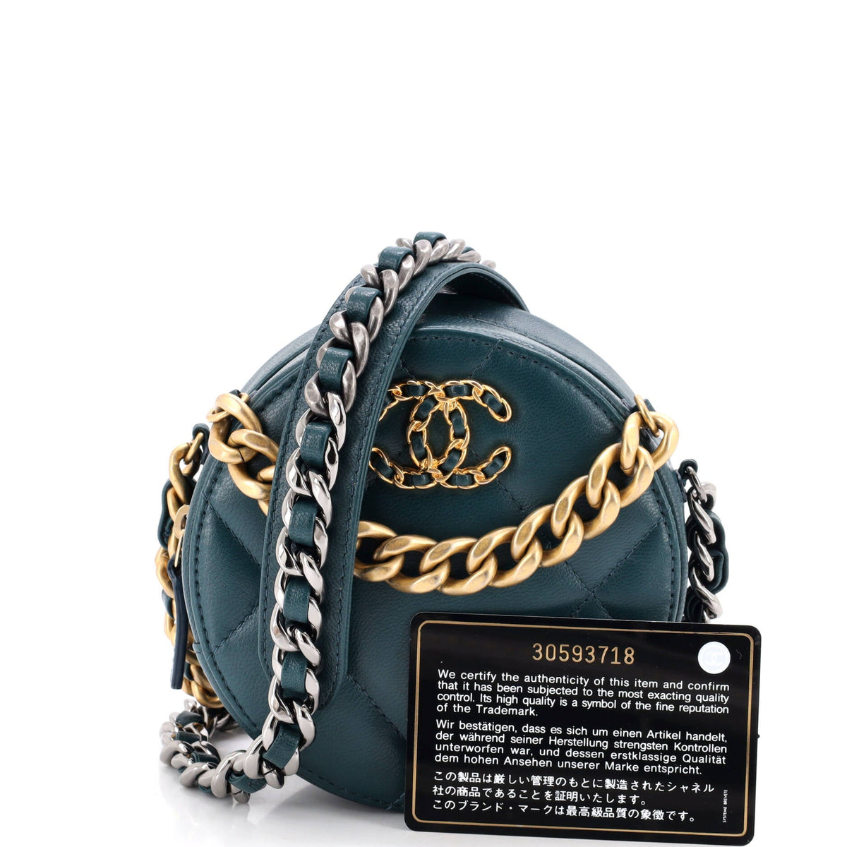 19 Round Clutch with Chain Quilted Leather