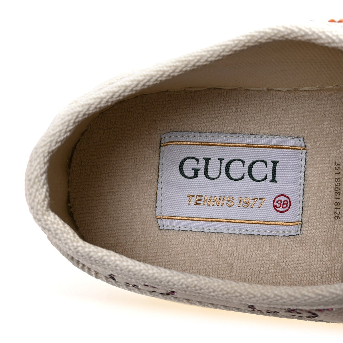 Canvas Lame Crystal GG Monogram Womens 1977 Tennis Platform 52mm Sneakers 38 Gardenia Silver Mystic White