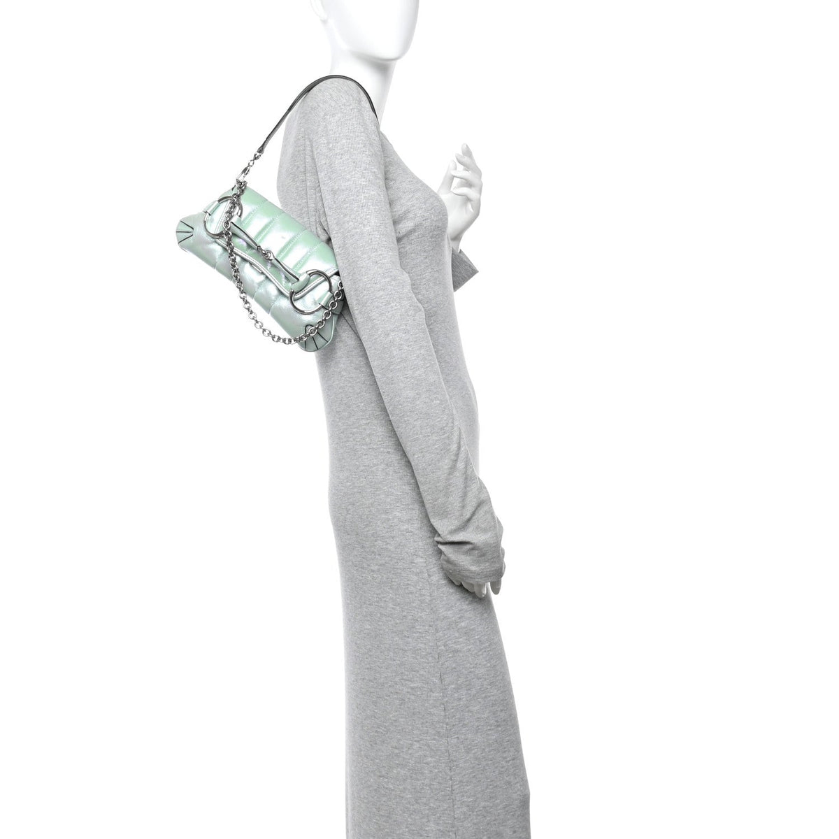 Iridescent Nappa Vertical Matelasse Small Maxi Horsebit Chain Shoulder Bag Iridescent Salvy Green