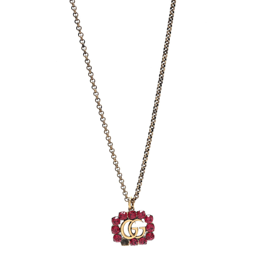 Crystal Embellished Double G Necklace Aged Gold Red