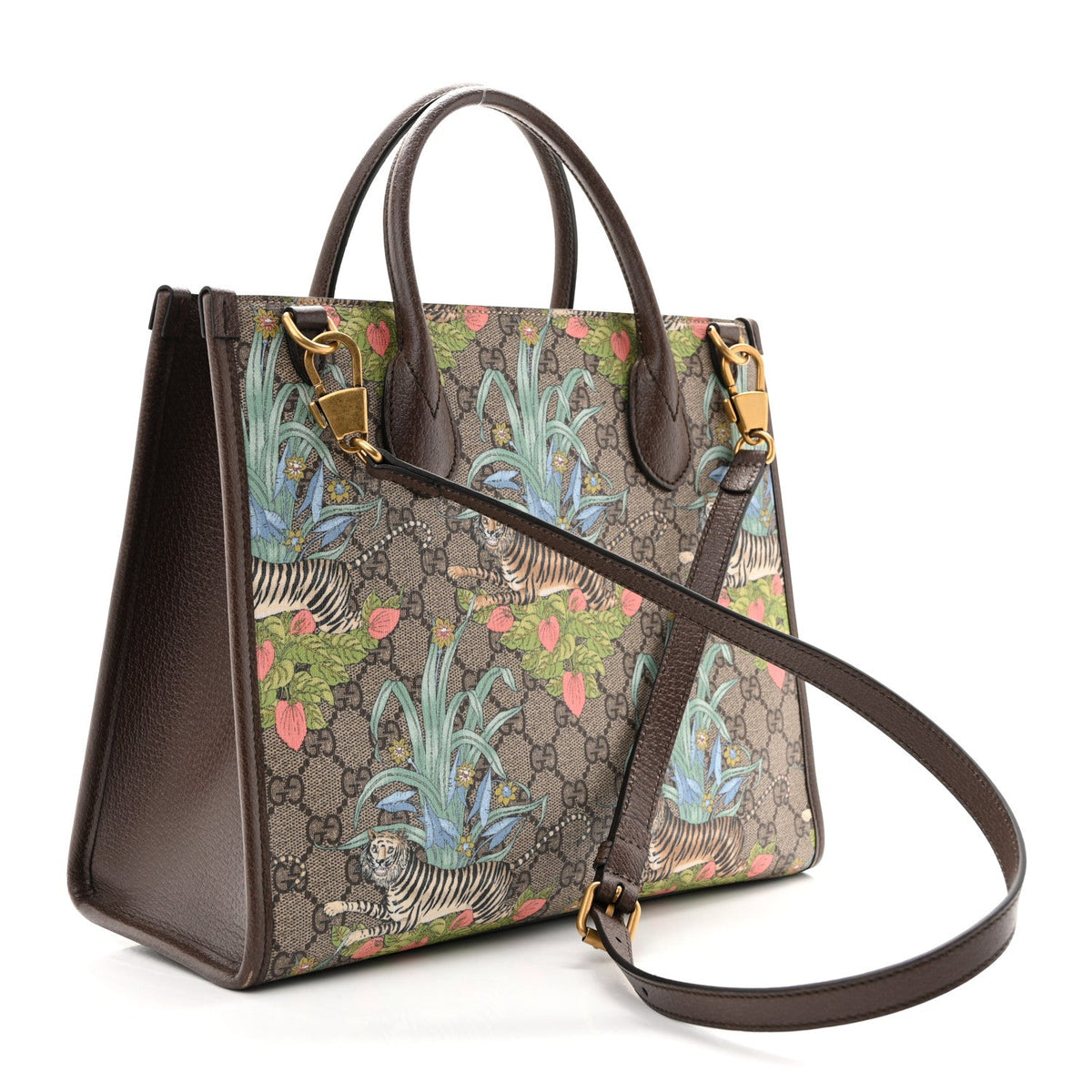 GG Supreme Monogram Tiger Savanah Textured Dollar Calfskin Small Retro Interlocking G Tote Bag Beige Ebony Multicolor New Acero