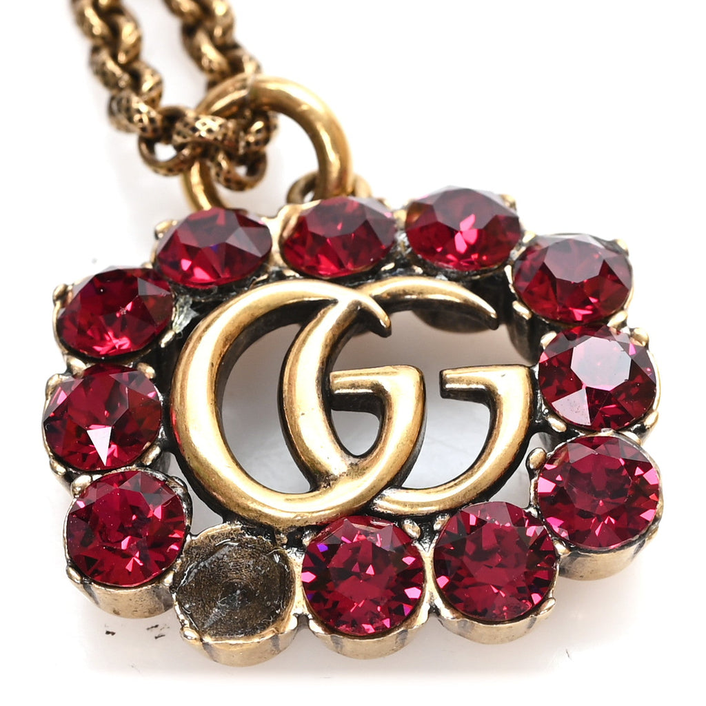 Crystal Embellished Double G Necklace Aged Gold Red