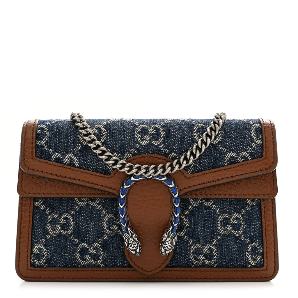 New Denim GG Monogram Dollar Calfskin Enamel Super Mini Dionysus Shoulder Bag Blue Tea Cuir Epilog Electric Blue