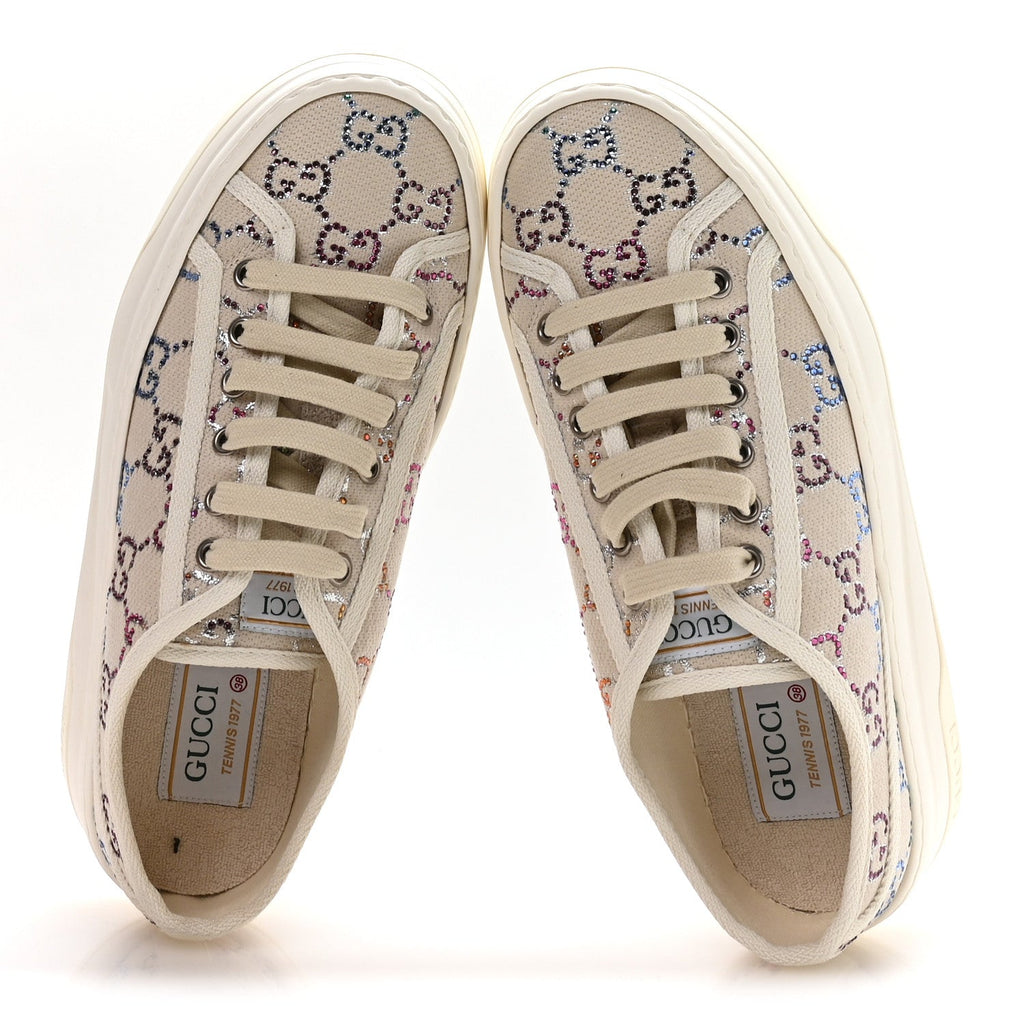 Canvas Lame Crystal GG Monogram Womens 1977 Tennis Platform 52mm Sneakers 38 Gardenia Silver Mystic White