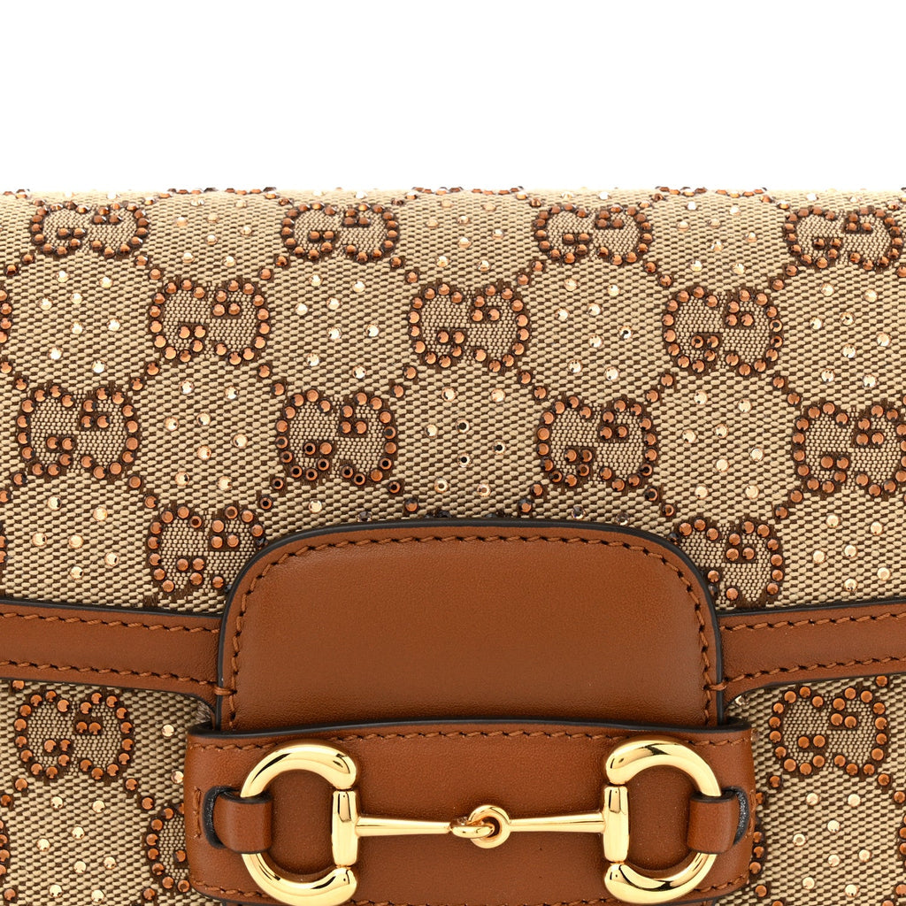 New Canvas Charisma Calfskin Crystal GG Monogram Mini Horsebit 1955 Shoulder Bag Camel Ebony