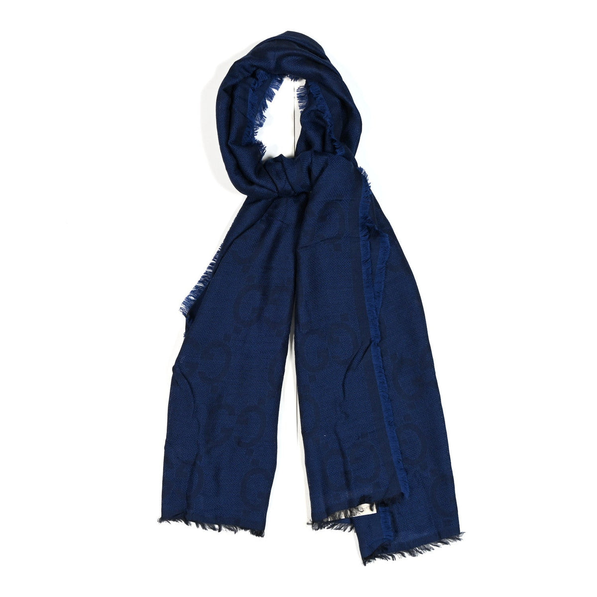 Wool Silk Monogram Jumbo GG Fringe Scarf Navy Blue
