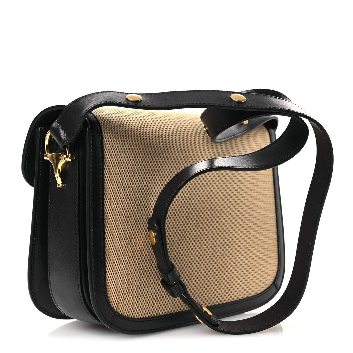 Vintage Rice Canvas Plutone Calfskin Horsebit 1955 Shoulder Bag Beige Blue