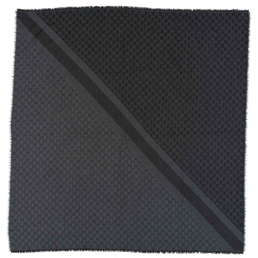 Wool Silk Monogram GGWeb Fringe Shawl Grey