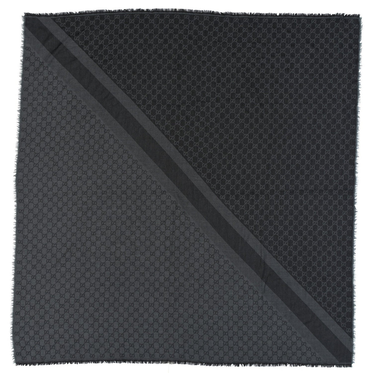 Wool Silk Monogram GGWeb Fringe Shawl Grey